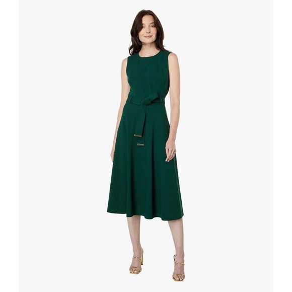 Calvin Klein A-Line with Belt Dress Malachite sz 12 Midi Dress Emerald Green - Picture 1 of 13
